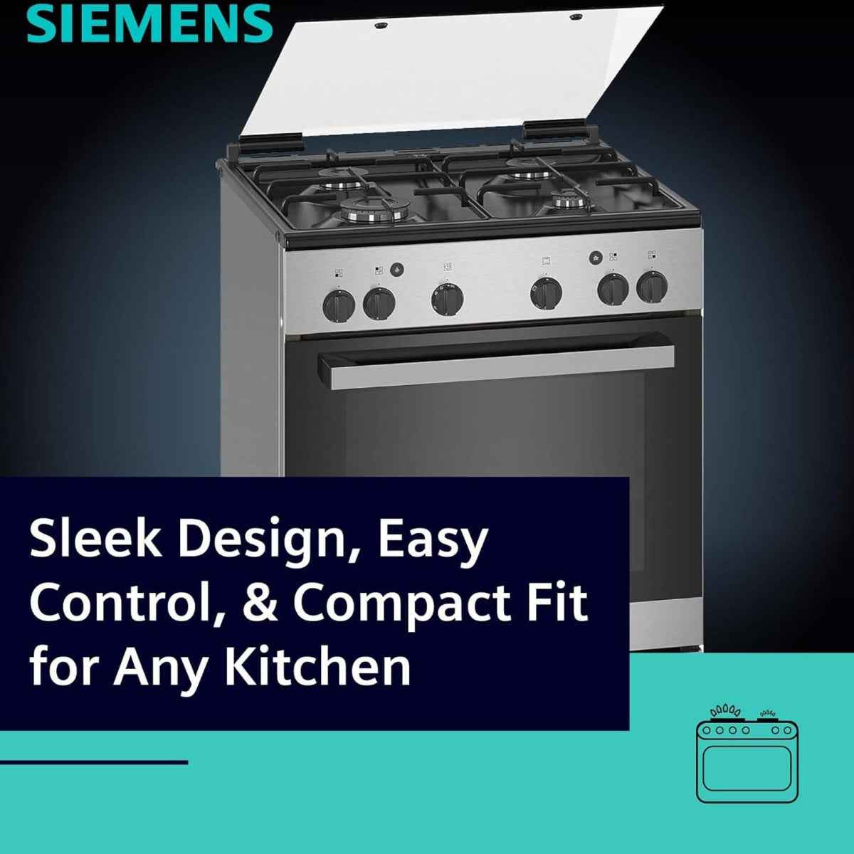 Siemens iQ300 Free-Standing Gas Cooker HG2L10B51M, 2 Standard, 1 Economy, 1 Rapid Burners, Glass Cover Lid, Knob Control Interface, Stainless Steel