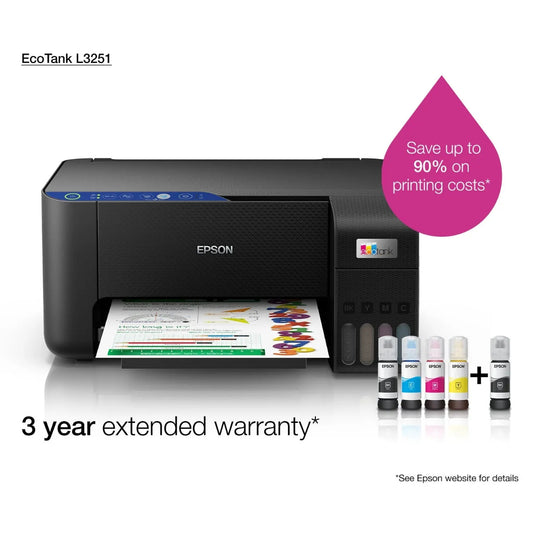 Epson EcoTank L3251 Home Ink Tank Printer, A4 Color 3-in-1 Printer with Wi-Fi Direct, 5760 x 1440 DPI Resolution, 10 Pages/min Print Speed, USB/WiFi, 100 Sheets Paper Tray Capacity, Black