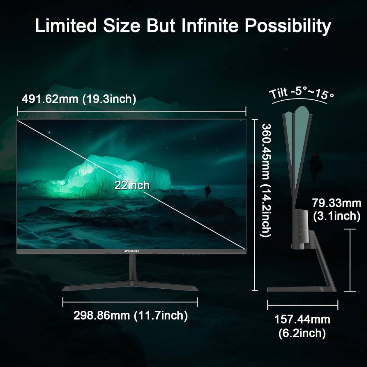 Sansui ES-22X3 22" Full HD IPS Monitor – 75Hz, 14ms, Adaptive Sync, HDMI & VGA (Black)