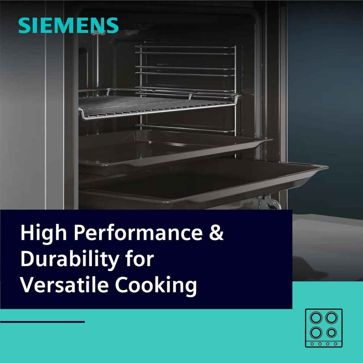 Siemens iQ300 Free-Standing Gas Cooker HG2L10B51M, 2 Standard, 1 Economy, 1 Rapid Burners, Glass Cover Lid, Knob Control Interface, Stainless Steel
