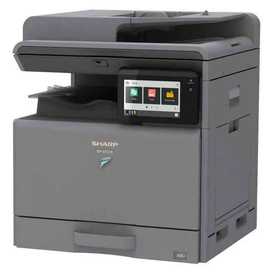 Sharp BP 22C25 A3 Colour Multifunction Printer – 25 ppm, 7″ Touch LCD delivering 25 ppm printing, 31 ppm scanning with a RSPF feeder, and high-resolution 600 dpi output