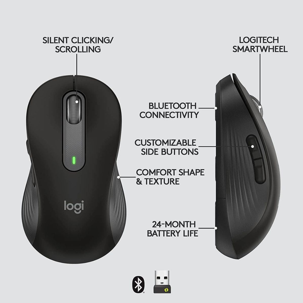 Logitech Signature M650 Wireless Mouse | Small to Medium Hands | Silent Clicks | 5 Buttons | Bluetooth | Multi-Device | 400 DPI | 10m Range | Graphite Black | 910-006253 / 910-006275