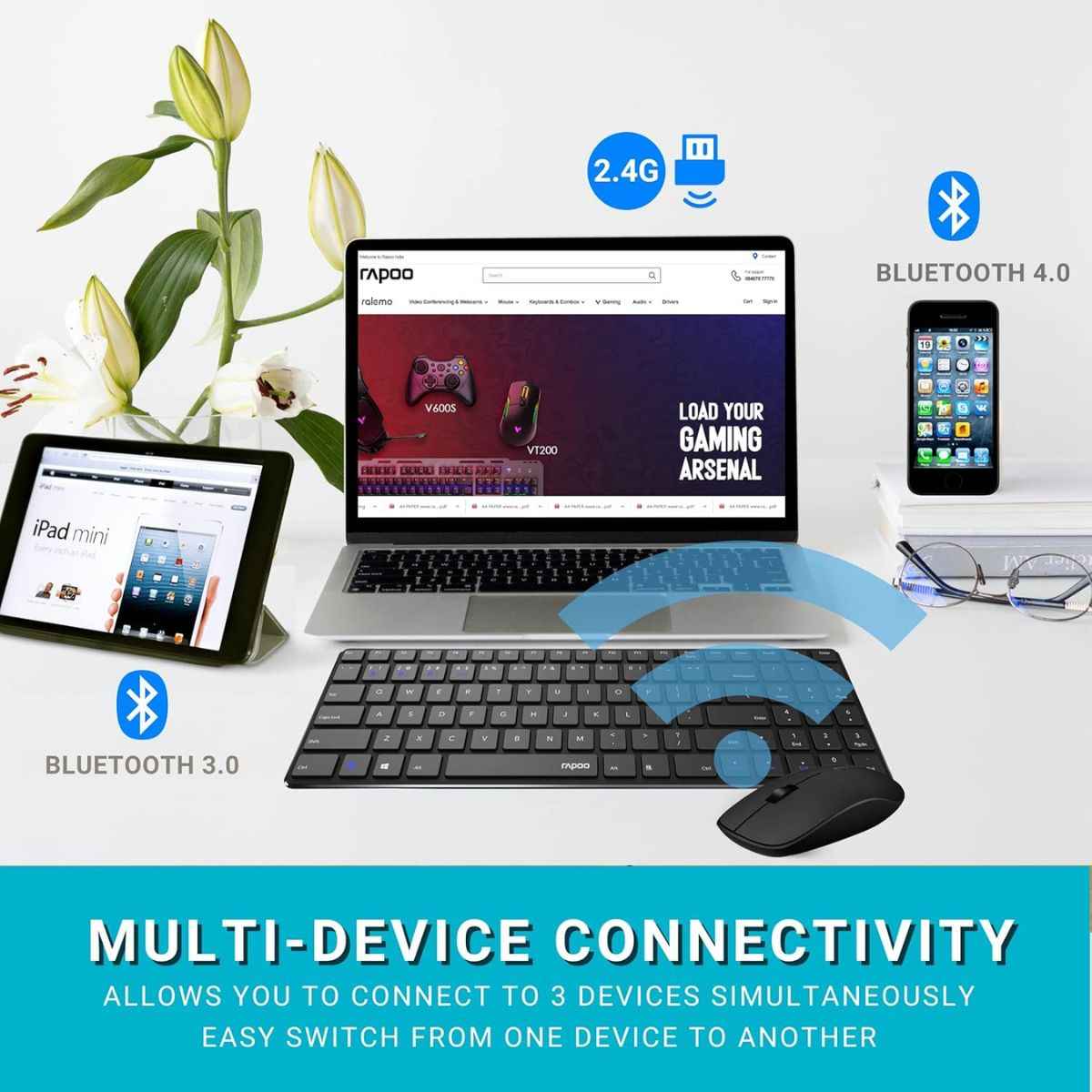 Rapoo 9320M Multi-Mode Wireless Keyboard & Mouse Combo – Bluetooth 3.0/4.0/5.0, 2.4GHz, Spill-Resistant, 1300 DPI Mouse