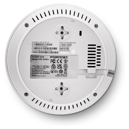 Fortinet | FAP-221E-A | FortiAP-221E Indoor Wireless Wave 2 AP - Dual Radio (802.11 a/b/g/n and 802.11 a/n/ac, 2x2 MU-MIMO), 1 x GE RJ45 Port, Ceiling/Wall Mount kit Included. 4 Internal Antennas