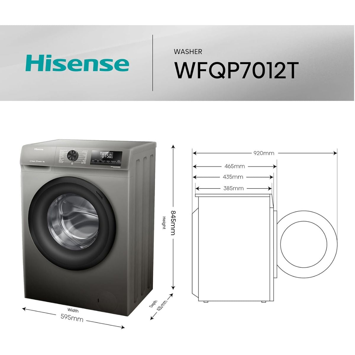 Hisense WFQP7012T Front Load Slim Washing Machine, 7kg Capacity, Inverter Motor, 1200 RPM Spin Speed, Steam Care, Quick Wash, Titanium Grey