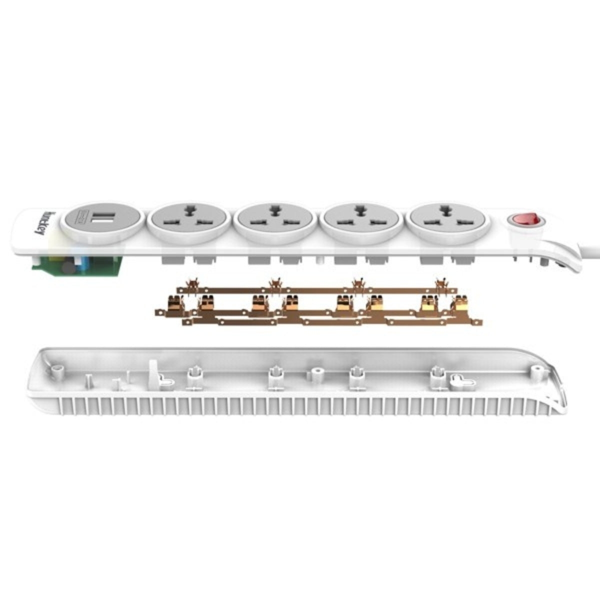 Huntkey SZN507 Power Strip – 4 AC Sockets, 2 USB Charging Ports (2.4A), 3m Cable, Overload & Surge Protection, Child Safety Shutters for Home & Office