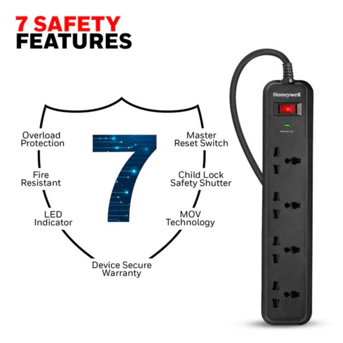 Honeywell Surge Protector/Spike Guard/Power Extension/Power Strip,4 Universal Sockets, 15000Amp, 2 Mtr, Device Secure Warranty, Automatic Overload Protection | HC000013/SRG/2M/BLK/4/UK