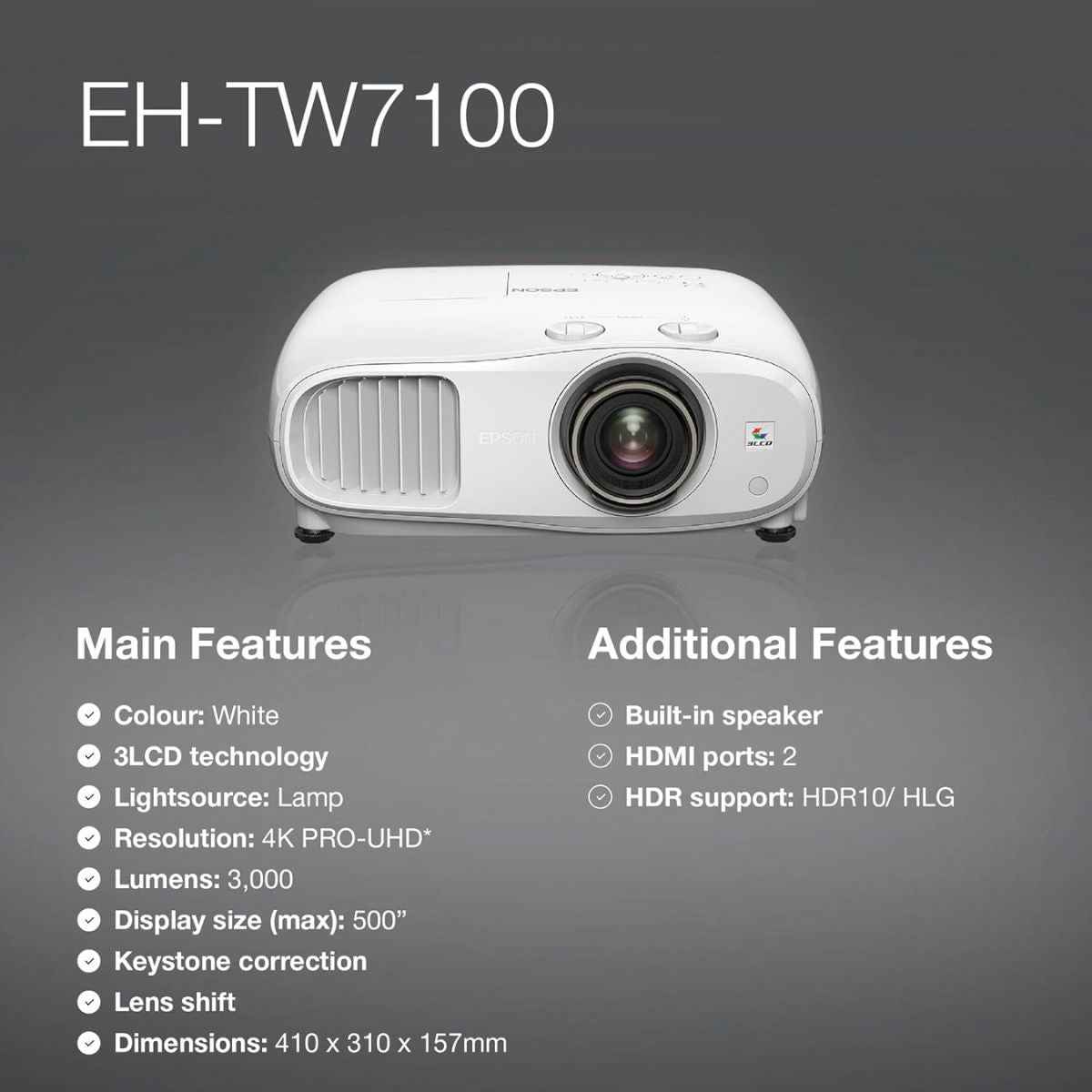 Epson EH-TW7100 3LCD 4K PRO-UHD Home Cinema & Gaming Projector – 3000 Lumens, BT Connect, Up to 500″ Display