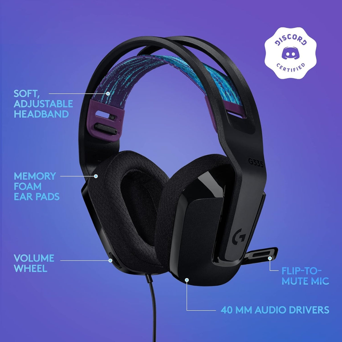 Logitech G335 Wired Gaming Headset, 40mm Drivers, Integrated Boom Mic, Soft, Breathable Memory Ear Cups, Adjustable Suspension Headband, Compatible with PC, PS, Xbox, Switch, - Mint