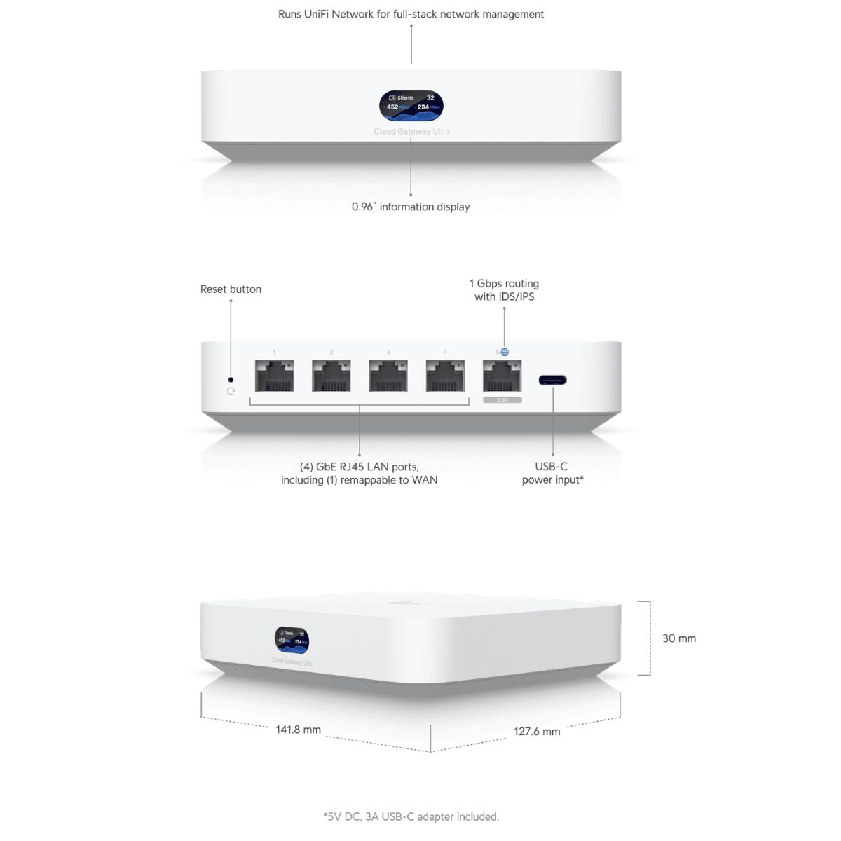 Ubiquiti Networks Cloud Gateway Ultra with 30+ UniFi Device / 300+ Client Support, 1 Gbps Routing with IDS/IPS, 0.96" LCM Status Display, Multi-WAN Load Balancing, USB-C Powered, White | UCG-Ultra