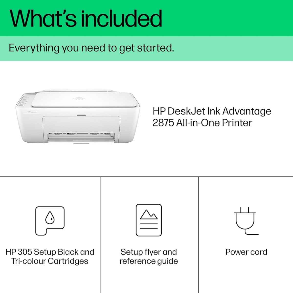 HP DeskJet Ink Advantage 2875 AIO Printer, Print, Copy, Scan, Up to 7.5ppm Print Speed, 1200 x 1200 DPI Print Resolution, Contact Image Sensor Scan Technology, White | 60K47C