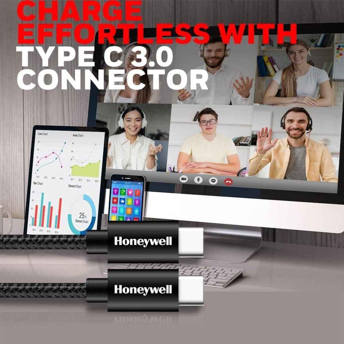 Honeywell Type C USB 3.1 Cable, PD 100W, QC 3.1, 1.2 Mtr, Fast Charge & Braided Sync Cable, Black