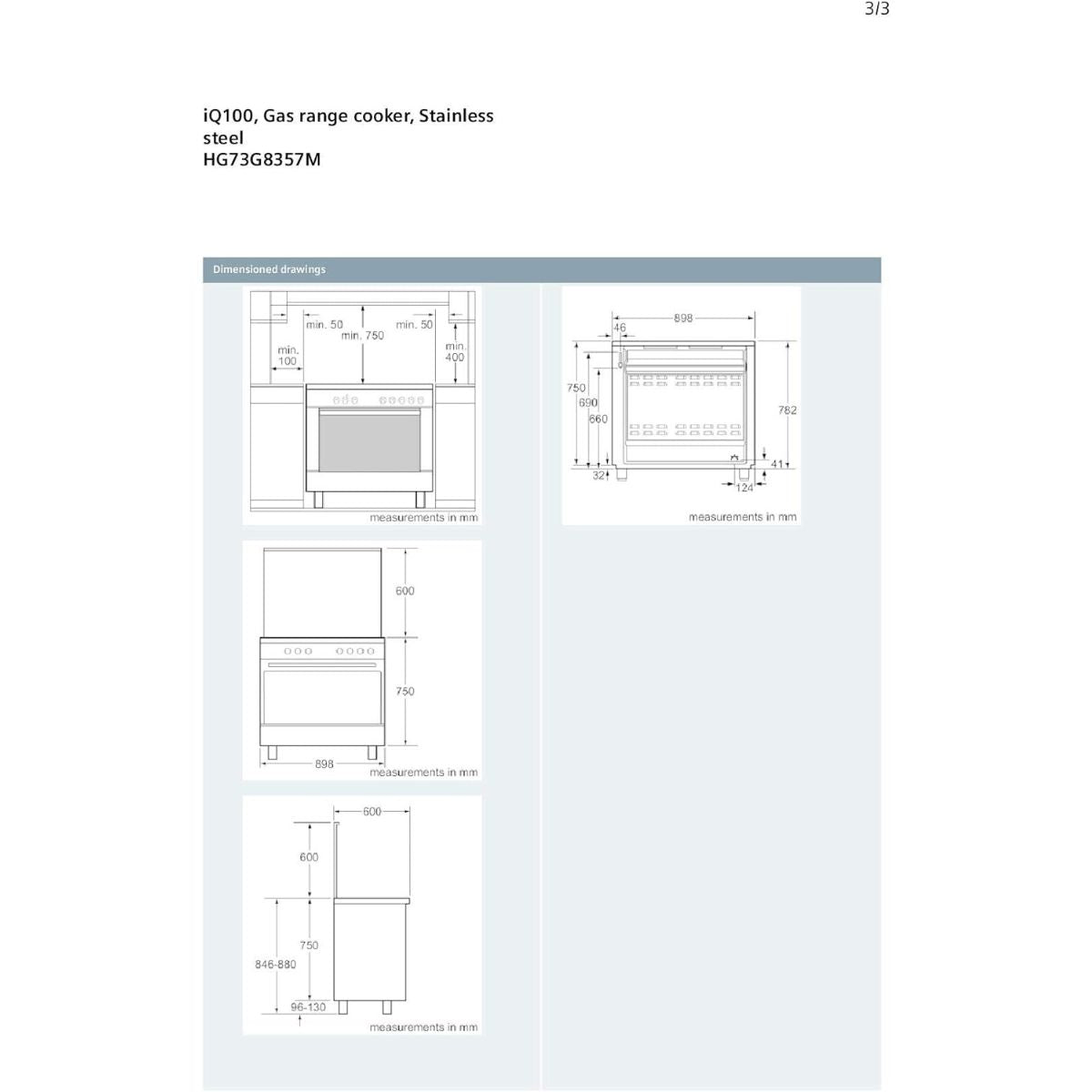 Siemens iQ100 Range Cooker 112L – Silver Drawer type-Broiler & Storage | HG73G8357M