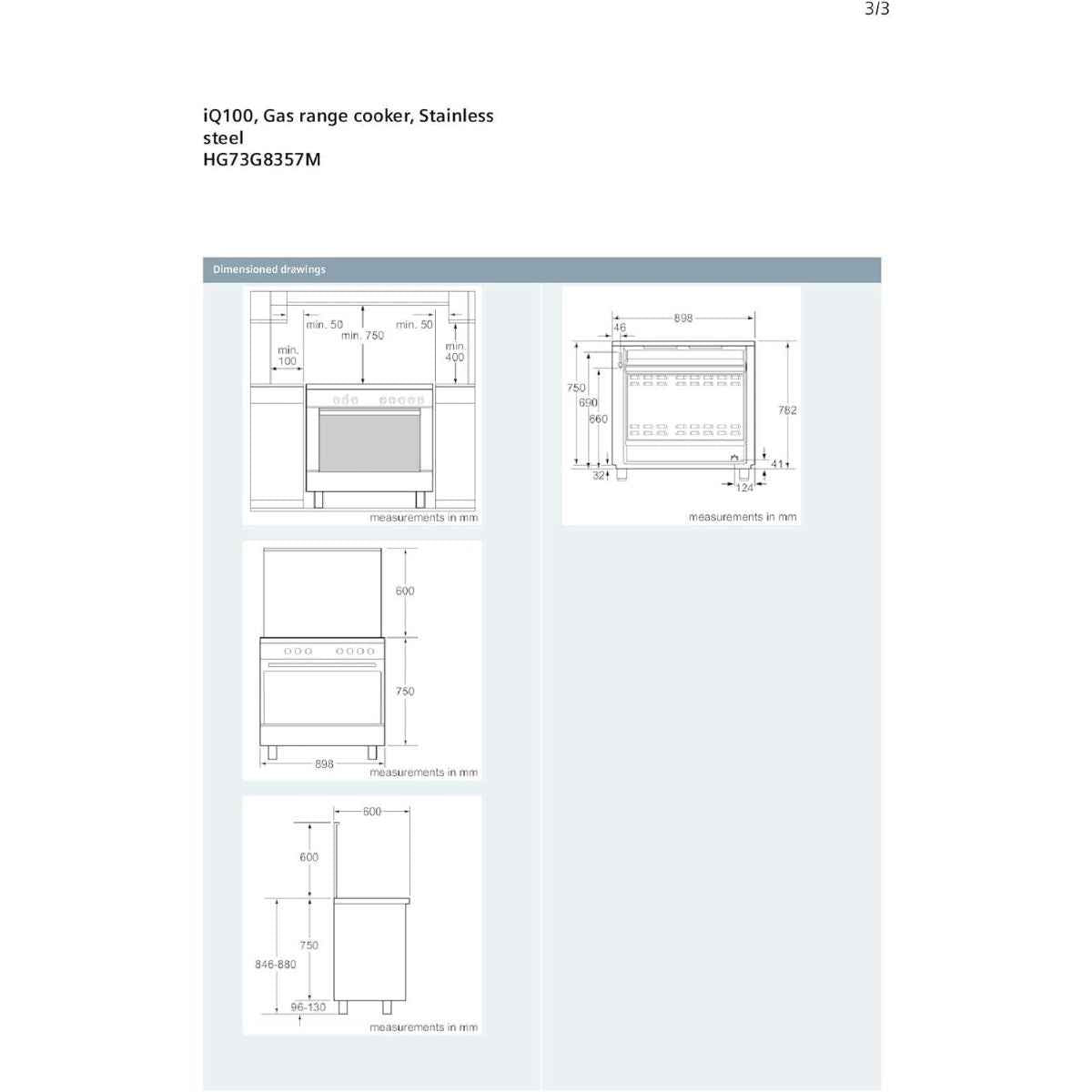 Siemens iQ100 Range Cooker 112L – Silver Drawer type-Broiler & Storage | HG73G8357M