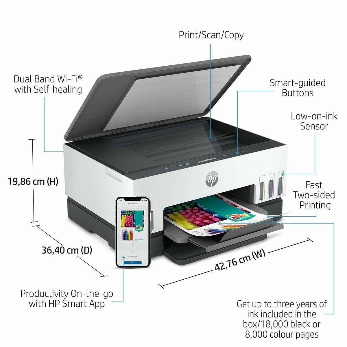 HP Smart Tank 670 All-in-One Printer, Print, Scan, Copy, Wireless, Scan To PDF, Fast Two-sided Printing, Up To 18,000 Black Or 8,000 Color Pages, White/Grey - 6UU48A