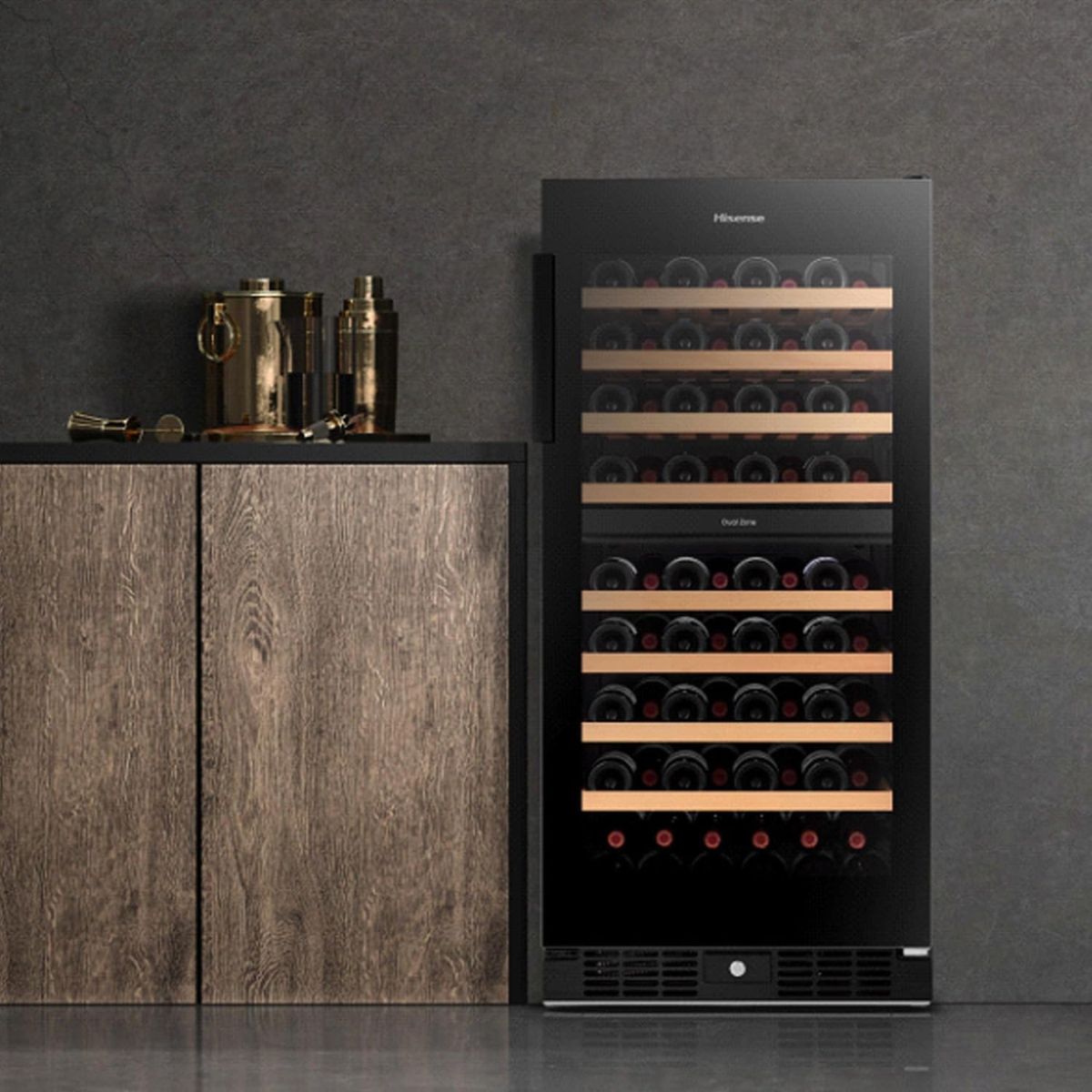 Hisense RW3N230GALF Wine Cooler, 108 Bottle Capacity, Dual Temperature Zone, Low Noise Operation, Reversible Door, Black