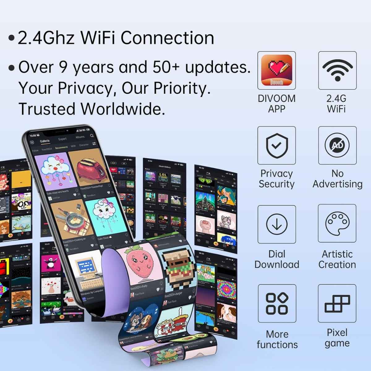 Divoom Pixoo-64 Wifi Pixel Art Digital Frame, Cloud Display, 64 X 64 LED, For Gaming / Room Decoration, With App Control, 1600-6500K Color Temp, 10W Output Power, Black