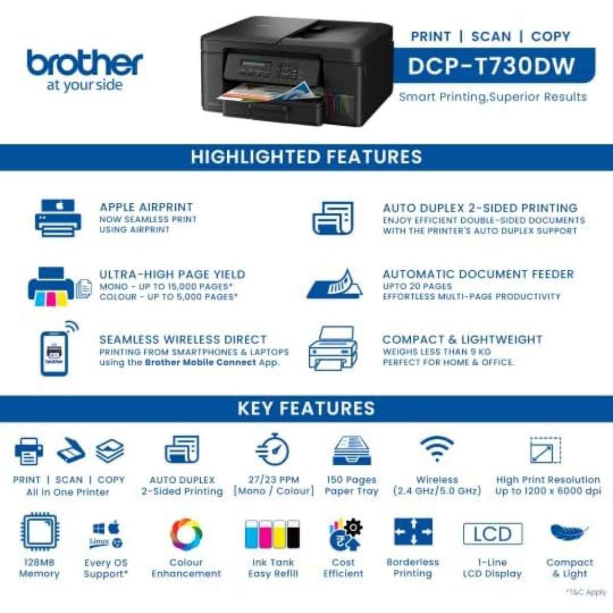 Brother DCP-T730DW Ink Tank Printer, Up to 1200 x 6000 DPI, 16 IPM Print Speed, Auto 2 Sided (Duplex) Printing, 20 Sheets Auto-Document Feeder, WiFi, WiFi-Direct, USB 2.0, Black | DCP-T730DW