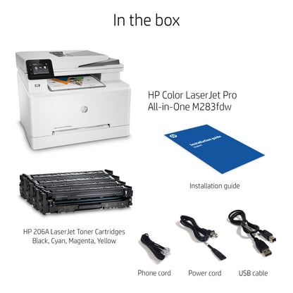 HP M283fdw Color LaserJet Pro Multi-Function Printer, Print, Copy, Scan, Fax, 22 ppm Print Speed, 600 x 600 dpi Resolution, 2.7" Color Touchscreen, 50-Page ADF for Scanning and Copying- 7KW75A