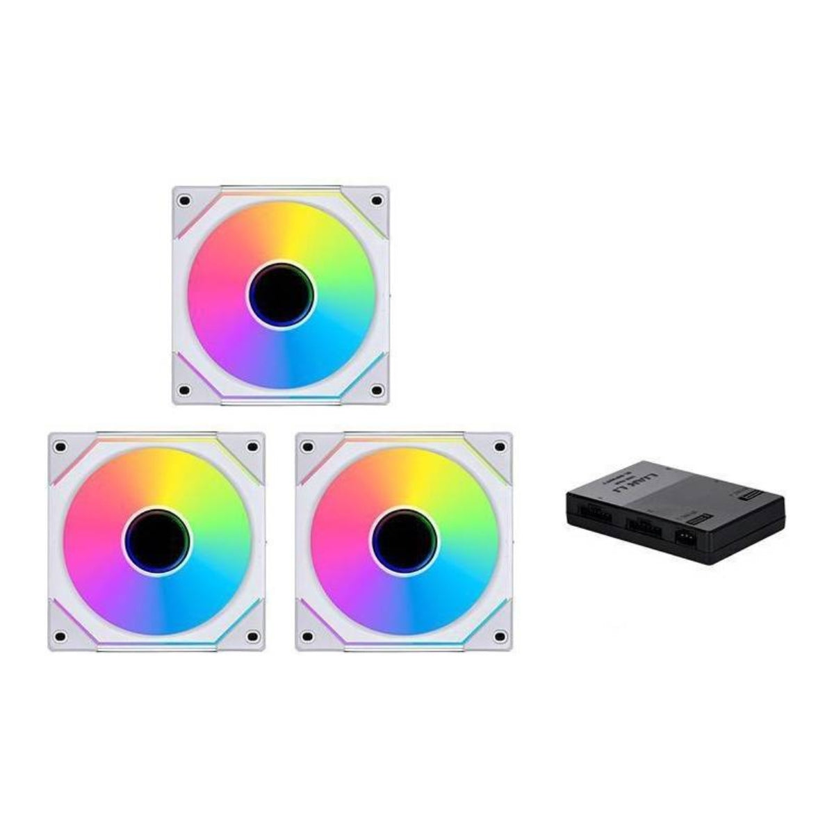 Lian Li SL-Infinity 120 RGB UNI Fan – Infinity Mirror Design, 2100 RPM, 61.3 CFM Airflow, PWM, Fluid Dynamic Bearing, Pack of 3 | Black / White