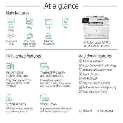 HP Color LaserJet Pro MFP M283fdw | All-in-One Color Laser Printer | Wi-Fi | Duplex Printing | 7KW75A | Compatible Toner Included