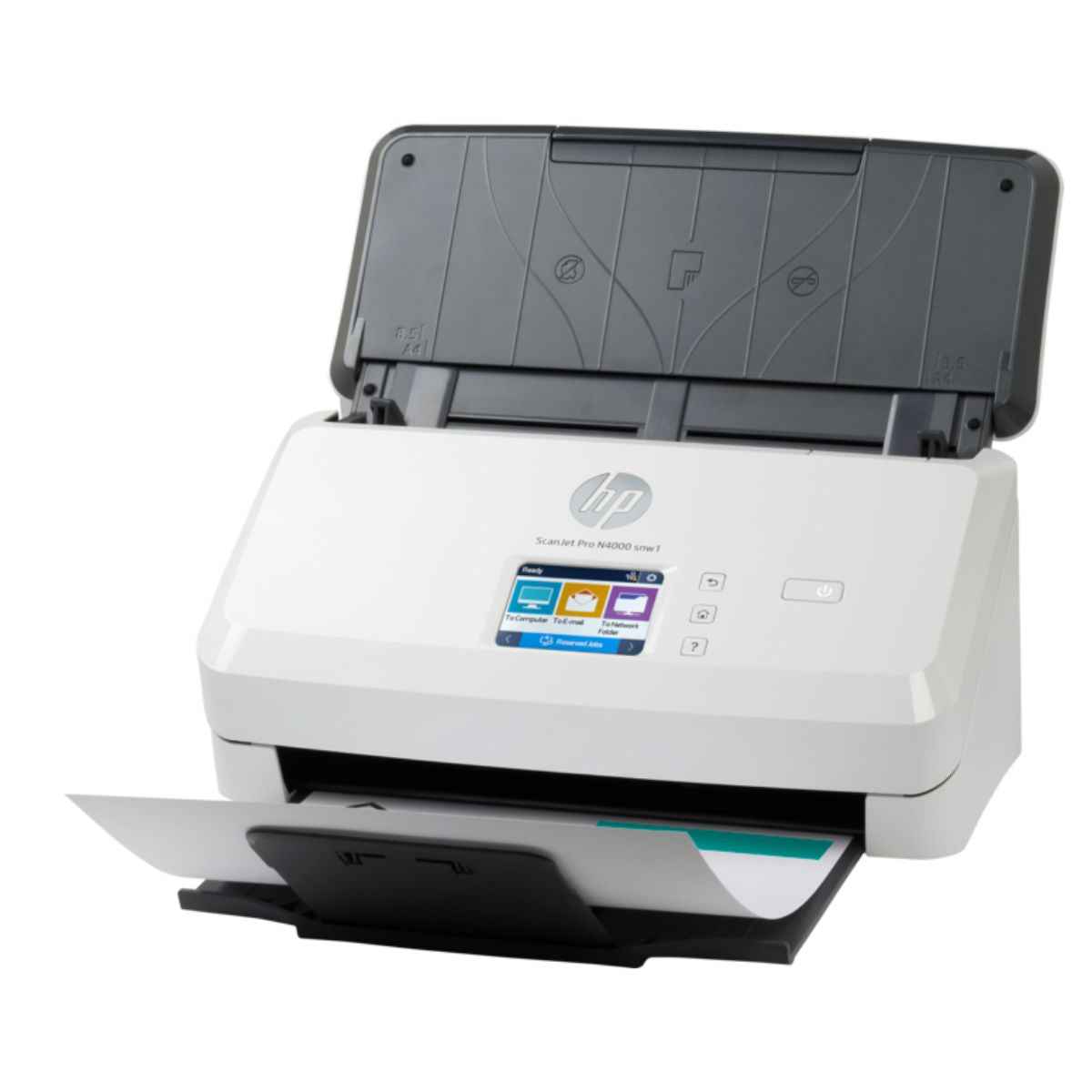 HP ScanJet Pro N4000 SNW1 Sheet Feed Scanner, Up to 600 dpi Scan Resolution, 50 Sheets Document Feeder Capacity, 4,000 Page Duty Cycle, Support Ehternet, WiFi & WiFi Direct, White | 6FW08A