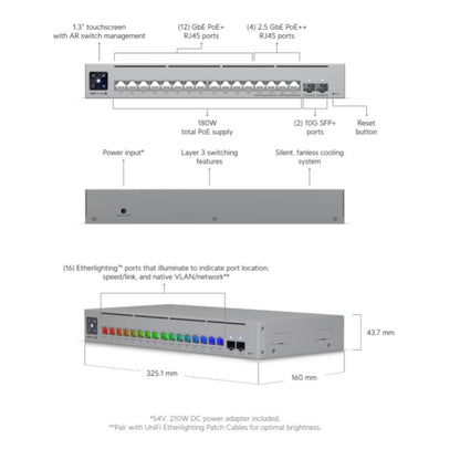 Ubiquiti Switch Pro Max 16 PoE Switch, 84 Gbps Switching Capacity, 64.496 Mpps Forwarding Rate, 1.3" Touch Display, 180W Total PoE Available, Ethernet In-Band, Gray | USW-Pro-Max-16-PoE (180W)