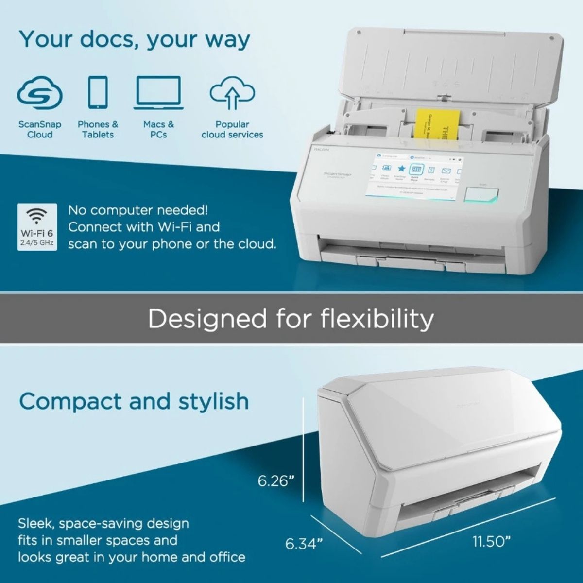 RICOH ScanSnap iX2500 Wi-Fi Document Scanner | 45ppm Duplex | 100-Sheet ADF | 5-Inch Touchscreen | PA03860-B105