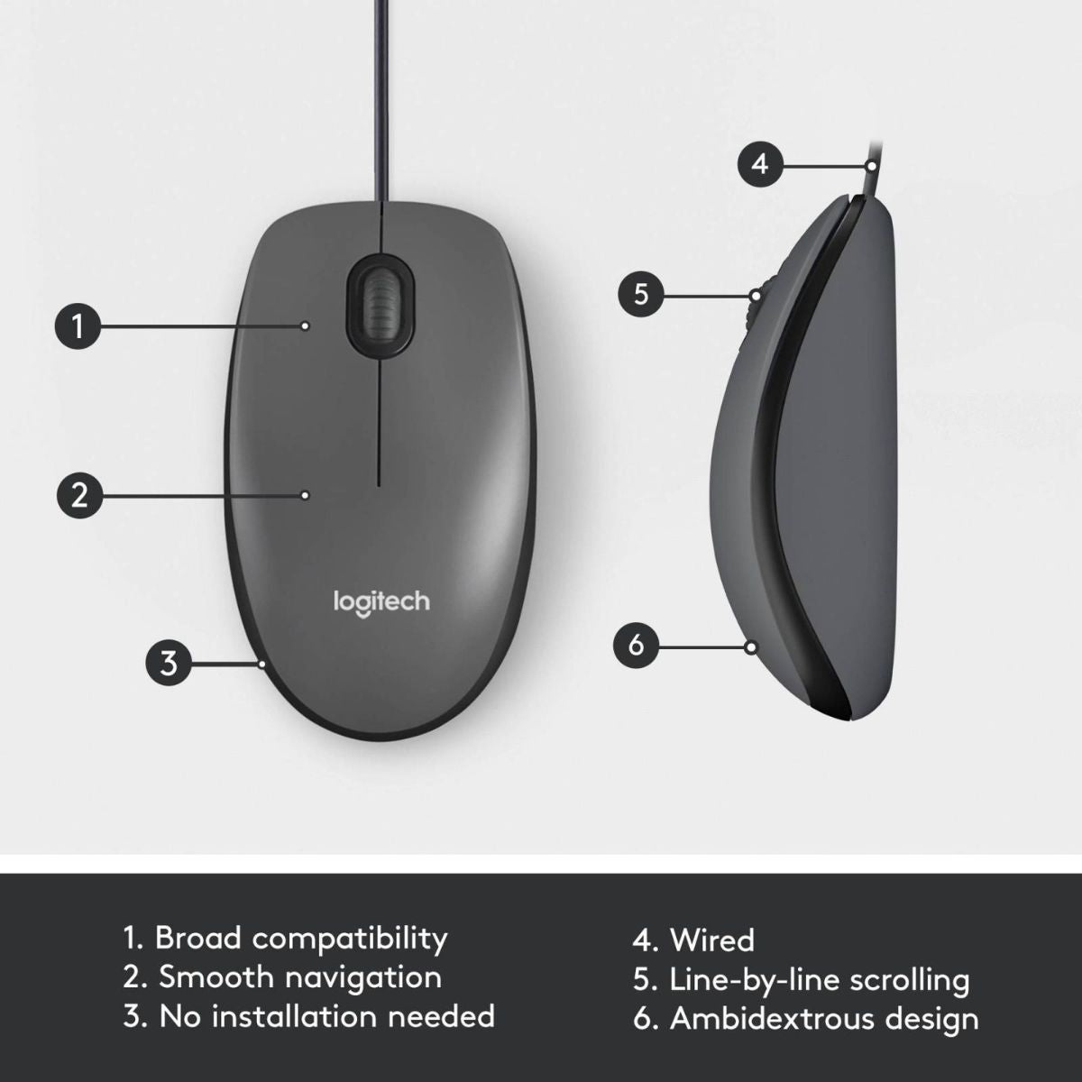 Logitech M100 Wired USB Mouse | Smooth Cursor Control | Plug & Play | No Software Setup |  Black, White | 910-005003,  910-001603 / 910-006764