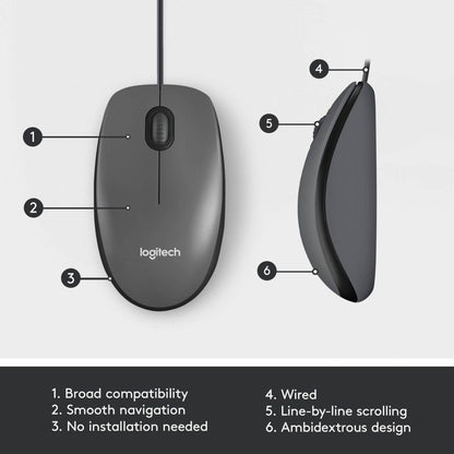 Logitech M100 Wired USB Mouse | Smooth Cursor Control | Plug & Play | No Software Setup |  Black, White | 910-005003,  910-001603 / 910-006764