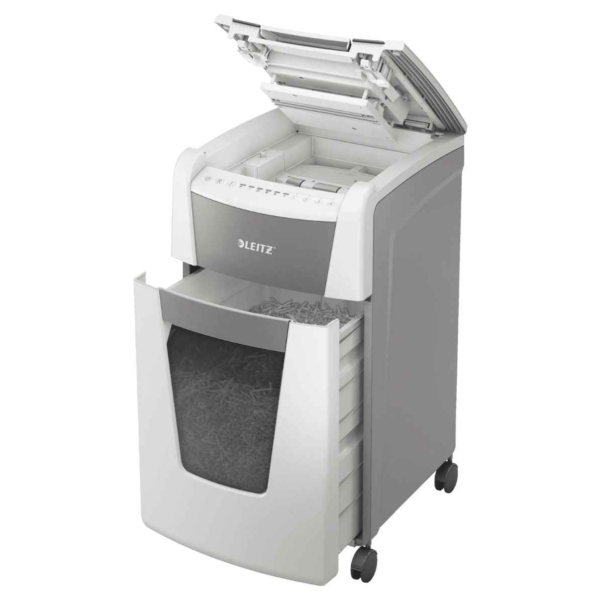 Leitz IQ Autofeed Office Particle Cut Shredder P4, 300 Sheets, 60L Waste Bin, White, 80150000