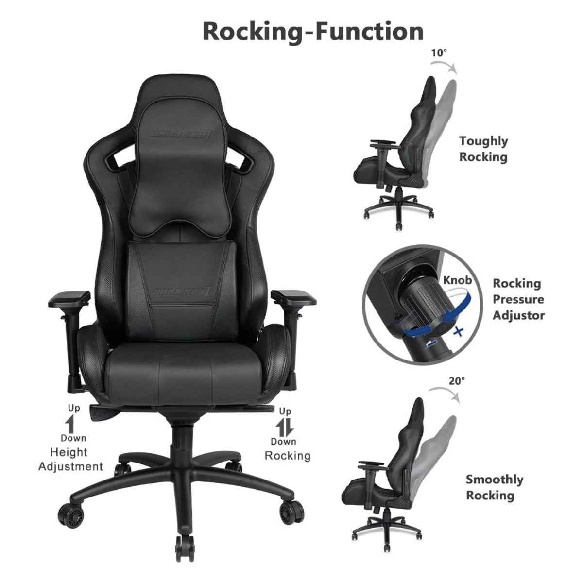 AndaSeat Dark Knight Premium Gaming Chair, Frog seat tray big memory lumbar pillow big memory headrest pillow 65mm casters black aluminum base, carbon pvc - Black
