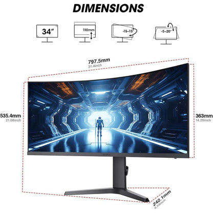 Koorui 34E6UC 34" VA WQHD Curved VA Gaming Monitor, 165Hz Refresh Rate, 21 9 Aspect Ratio, 1ms Refresh Rate, FreeSync/G-Sync Technology, VESA Compatible, Black | 34E6UC