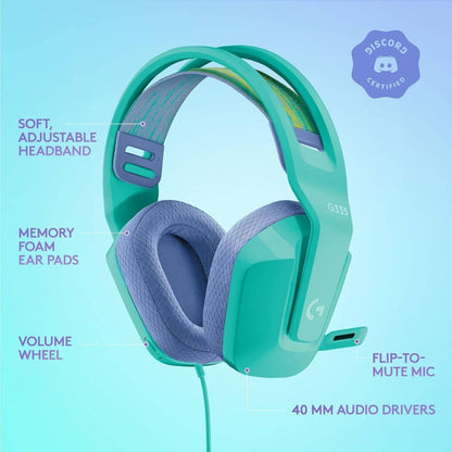 Logitech G335 Wired Gaming Headset, 40mm Drivers, Integrated Boom Mic, Soft, Breathable Memory Ear Cups, Adjustable Suspension Headband, Compatible with PC, PS, Xbox, Switch - Mint, Black