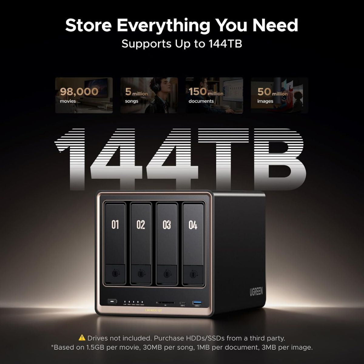 UGREEN NASync DXP4800 GT 4-Bay Desktop NAS | AMD Ryzen Embedded R2514 | 8GB DDR4 RAM | Dual 10GbE | 2X M.2 NVMe Slots | 4K HDMI | Diskless