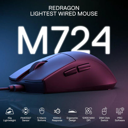 Redragon K1NG M724 Wired Gaming Mouse | 1000Hz Polling Rate | High-Precision Optical Sensor | Black / White / Pink