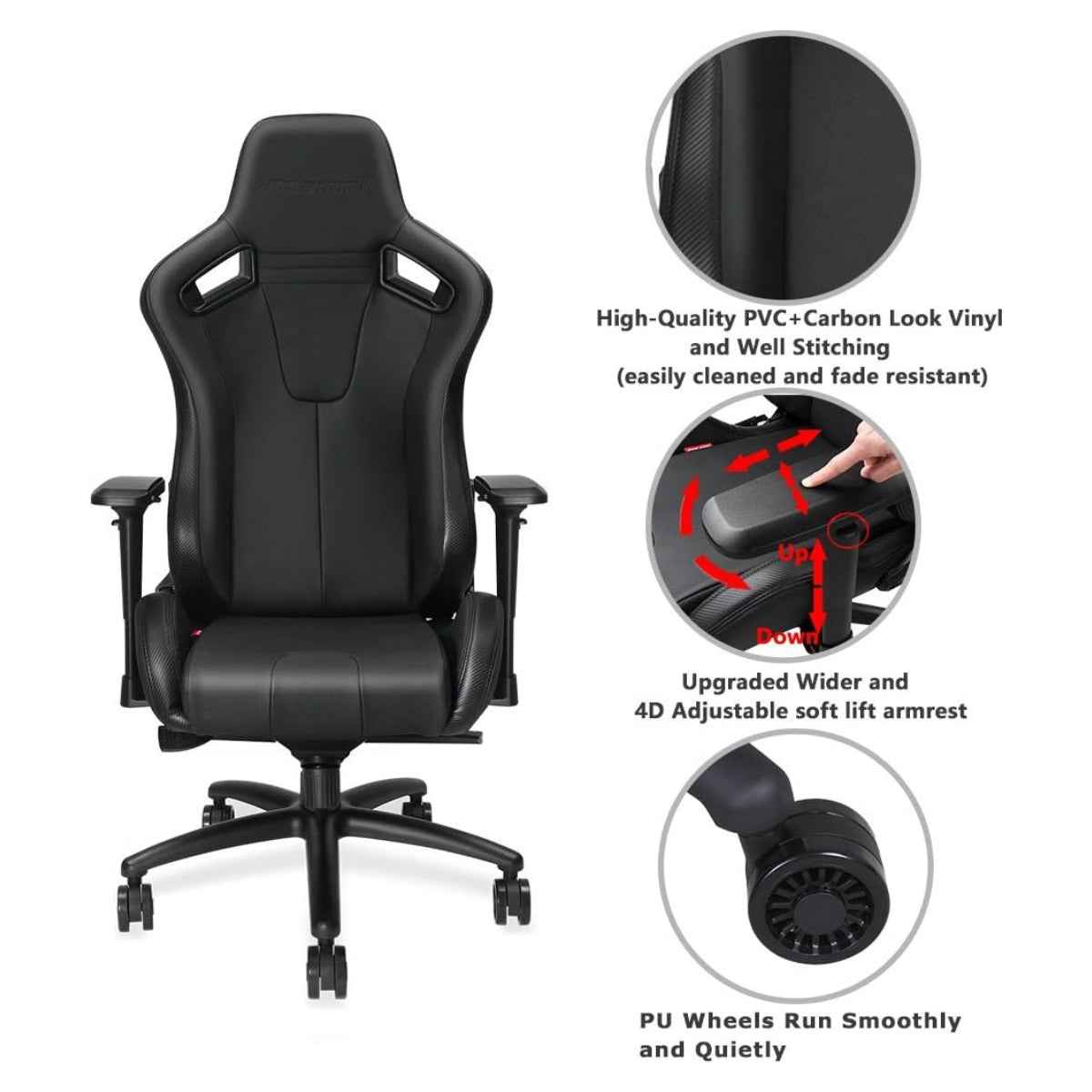AndaSeat Dark Knight Premium Gaming Chair, Frog seat tray big memory lumbar pillow big memory headrest pillow 65mm casters black aluminum base, carbon pvc - Black