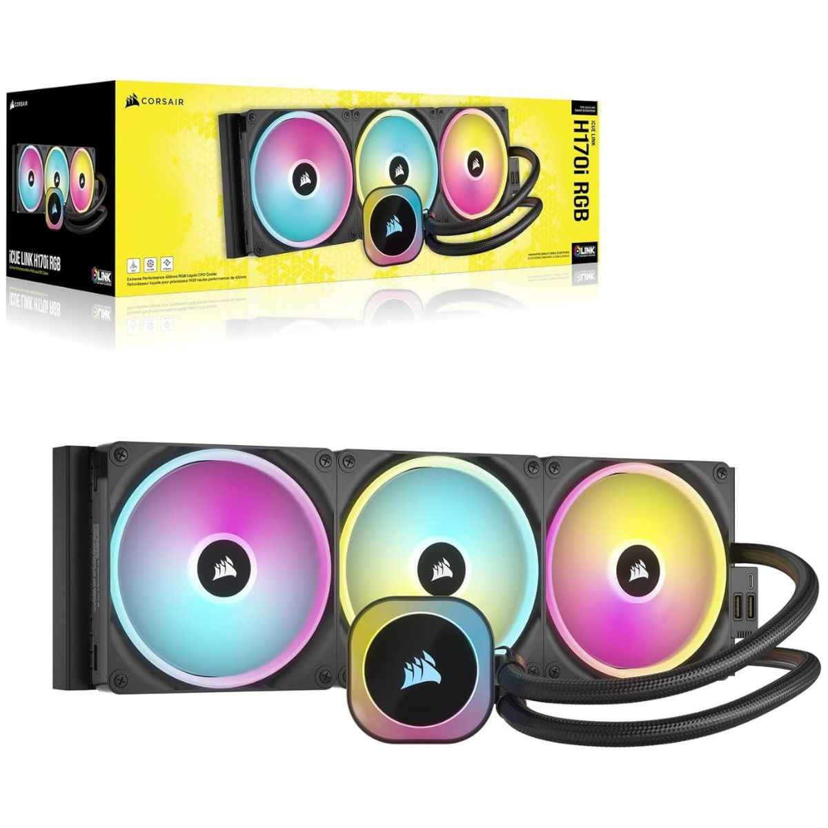 Corsair iCUE LINK H170i RGB AIO Liquid CPU Cooler, 420mm Radiator, 3x QX140 RGB Fans, 2000 RPM Fan Speed, Up to 82.5 CFM Air Flow, Copper Cold Plate, Aluminum Radiator, Black
