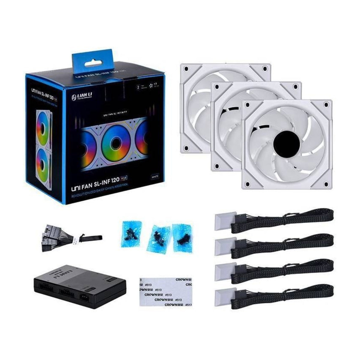 Lian Li SL-Infinity 120 RGB UNI Fan – Infinity Mirror Design, 2100 RPM, 61.3 CFM Airflow, Triple Pack with Controller | Black / White
