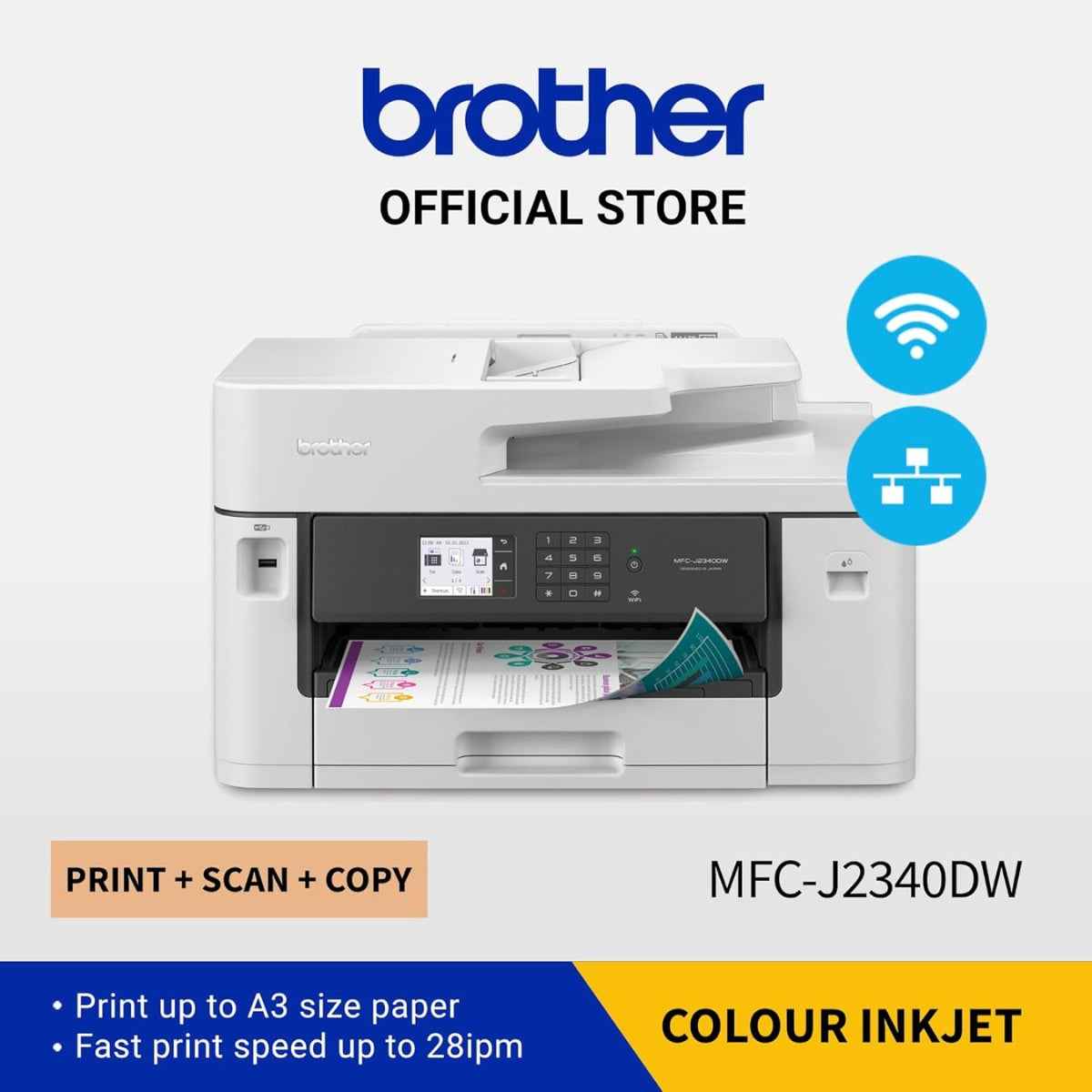 Brother Professional A3 Wireless AIO Inkjet Printer, 1200 4800 dpi Resolution, 28 ppm Print Speed, 2 Sided Printing, Up to 250 Sheet Input, Printer/Scanner/Copier, USB 2.0, White | MFC-J2340DW