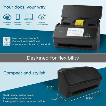 ScanSnap iX2500 Wi-Fi Enabled Touch Screen Document Scanner – Standard Edition (Black), High-Speed Duplex ADF, 600 dpi, Cloud &amp; Mobile Scanning