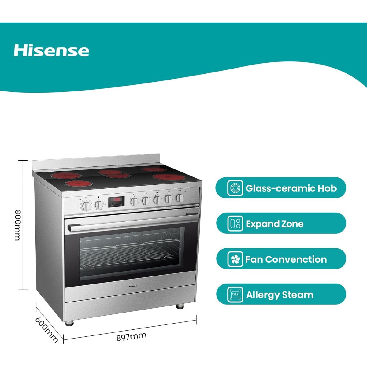 Hisense Freestanding Electric Cooker 90cm – HFEC90545X, 5-Zone Ceramic Hob & Large Electric Oven