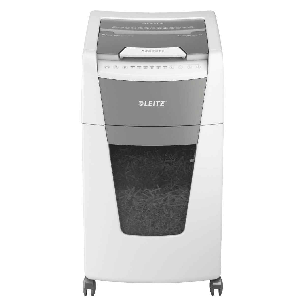 Leitz IQ Autofeed Office Particle Cut Shredder P4, 300 Sheets, 60L Waste Bin, White, 80150000
