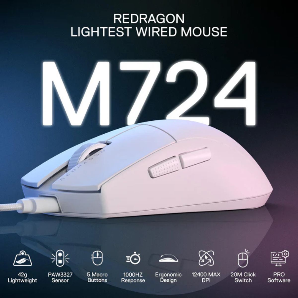 Redragon K1NG M724 Wired Gaming Mouse | 1000Hz Polling Rate | High-Precision Optical Sensor | Black / White / Pink