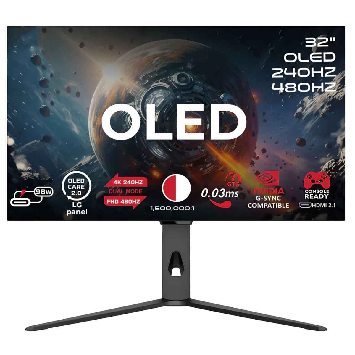 GAMEON GO32OLED4K Signature X Series 32" Dual Switch OLED 4K UHD 240Hz/FHD 480Hz, 0.03ms, HDMI 2.1, Gaming Monitor (Supports PS5) - Black