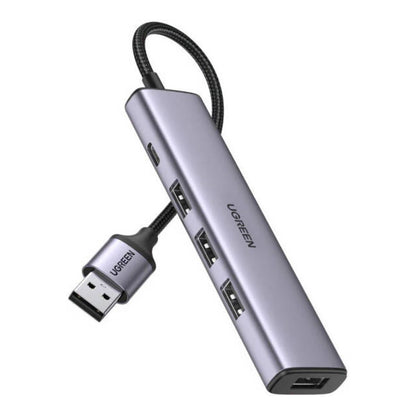UGREEN 4-in-1 USB 3.0 Hub | 3 × USB 3.0 + USB Type-C Port | 5Gbps | External Power Port | Braided Nylon Cable | Gray | 20805