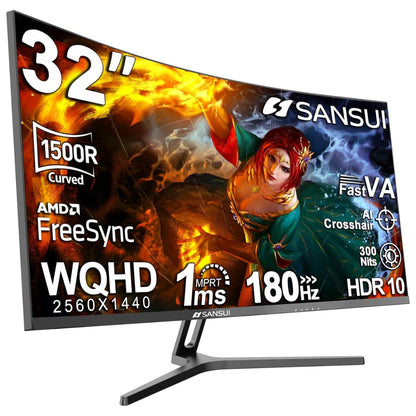 Sansui 32" Curved WQHD Gaming Monitor – 180Hz, 1ms (OD), 1500R, Fast VA, HDR, FreeSync (Black)