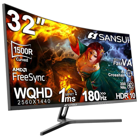 Sansui 32" Curved WQHD Gaming Monitor – 180Hz, 1ms (OD), 1500R, Fast VA, HDR, FreeSync (Black)