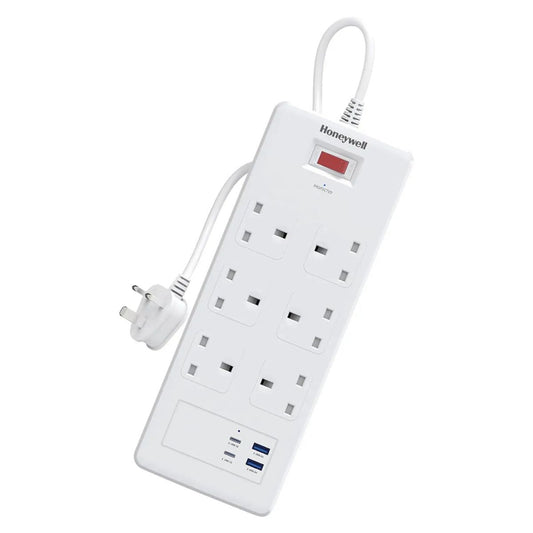 Honeywell Surge Protector - 6 Universal Sockets, 2xPD 20W & 2xUSB, 1.8 Meter Cord, White