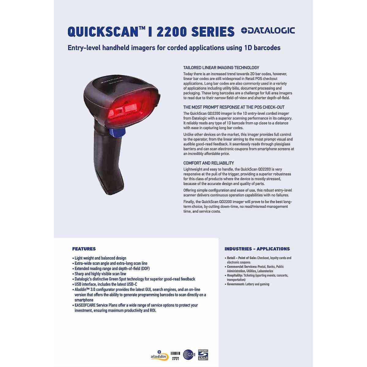 Datalogic QD2220-BKK1S Barcode Scanner, 1D/Linear Codes Decoding Capability, Cable (USB, 2m, Straight), Stand, Protection Class, IP42 Rated Protection, USB Cable, Black | QD2220-BKK1S